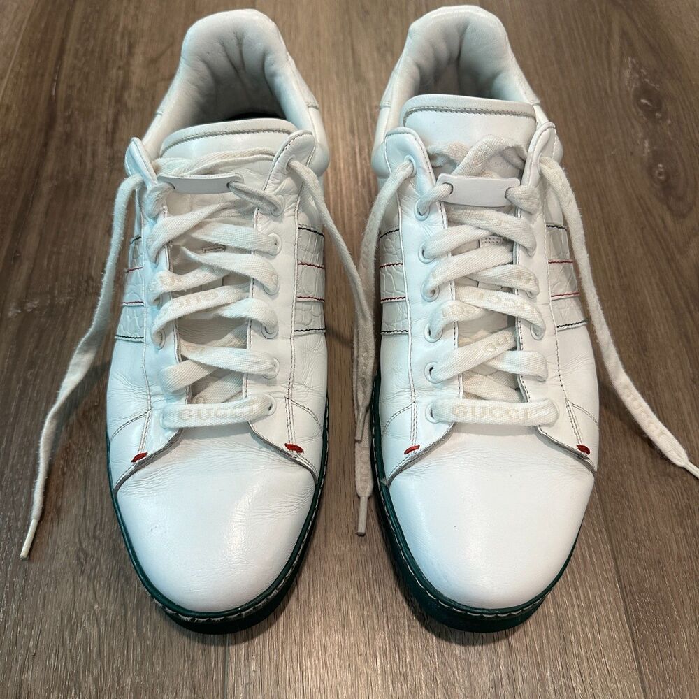 Vintage Gucci Limited Edition White Leather Low Top Sneakers Red Accent Size 10